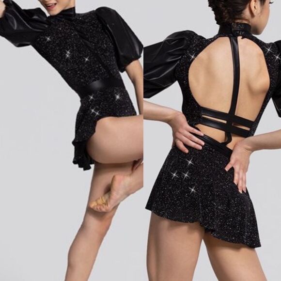 Weissman Elite dance costume Black puff sleeve leotard Control D12755 adult MA - Picture 1 of 12